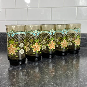 Szklanki Vintage Smokey Grey Malowane Ręcznie Tulip | Zestaw 5 | Zestaw Szklanek MCM Floral Print 12oz | Szklanka Highball Vintage Cocktail Party