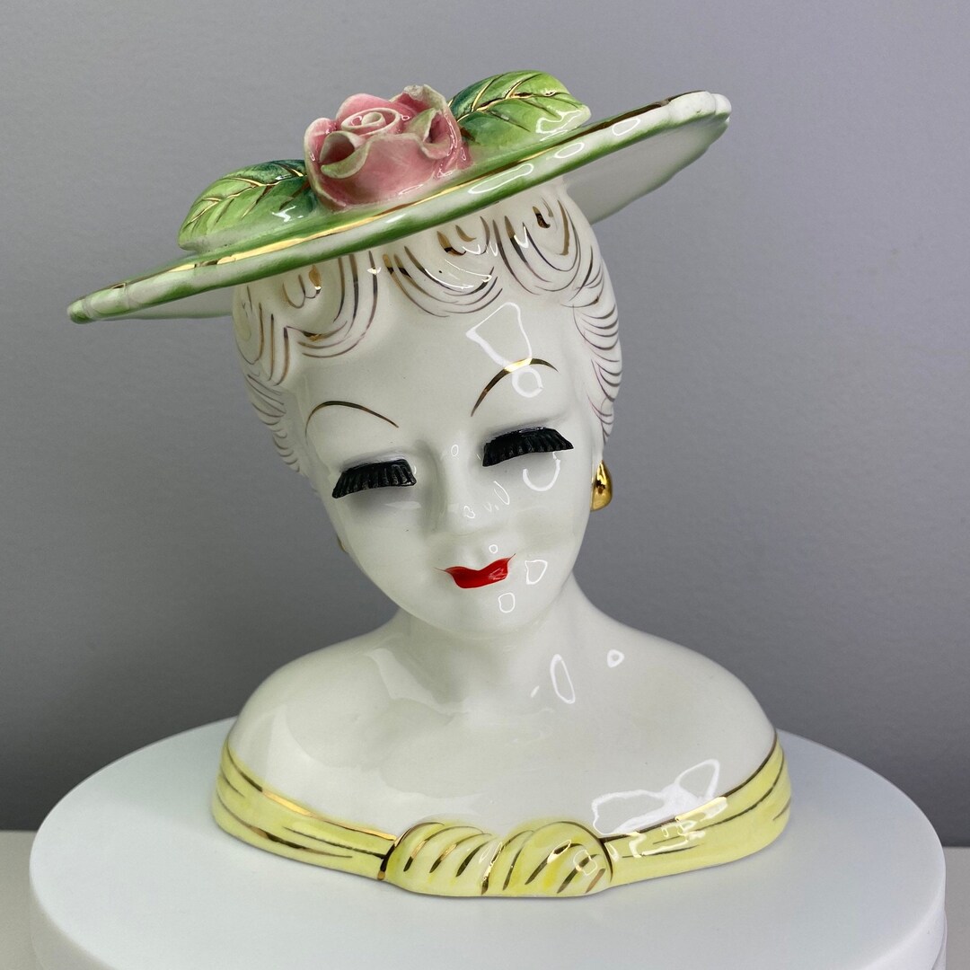 Vintage Lady Head Vase Green Yellow and Gold Accents Red Etsy