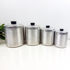 Vintage Spun Aluminum Canister Set of 4 Flour, Sugar, Coffee, and Tea, Retro Kitchen Storage Set, Grandmas MCM Kitchen, Retro Storage