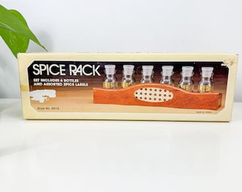 Vintage Brown Wood Spice Rack w/6 Glass Apothecary Jars, NOS