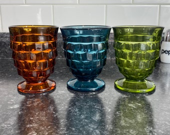 Vintage Mismatched Whitehall Cubist 10oz Pedestal Goblets | Retro Olive Green Amber and Riviera Blue | Mix-Match MCM Drinking Rocks Glass