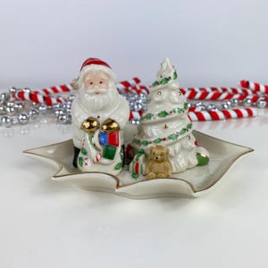 Vintage Lenox Holiday Salt And Pepper Shaker With Tray Christmas Tree Santa, 3 Piece holly and berry Lenox Holiday, Santa Clause Toy Bag