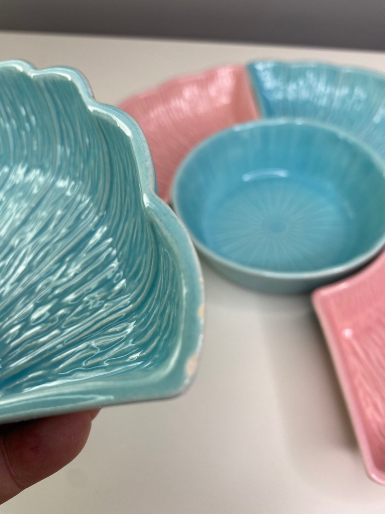 MCM Pink & Blue Art Pottery 5 Piece Chip and Dip Set Made in the USA Divided Crescent Serving Dish Veggie Tray Tidbit Snack Dish Vintage image 8