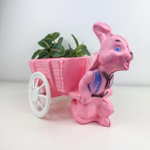 May include: A pink bunny planter pulling a pink wagon filled with green plants. The bunny has blue eyes and a blue vest. The wagon has a white wheel.