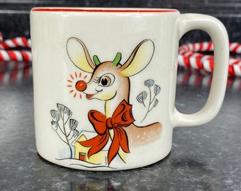 Vintage Blinky Rudolph the Reindeer Mug Children's Holiday Christmas Cup  Musical Cup 