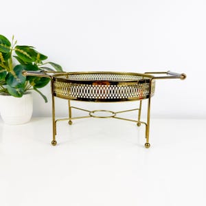 Vintage Brass Warming Cradle Casserole Serving Dish Holder Mid-Century Modern, Table setting server, home decor, black handles, Old Dishes