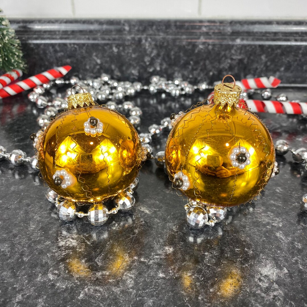 Vintage West German Glass Christmas Tree Ornaments, Wire Wrapped W/faux