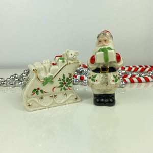 Lenox Santa and Sleigh Salt and Pepper Shaker Set, Lenox American by Design Holiday Collection, Teddy Bear, Santa Claus, Lenox Holiday Dish