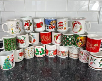 Single Christmas Vintage Assorted Mug Various Designs: Christmas Mice, Poinsettia, Candy Canes, Santa Claus, Reindeer Mugs Sold Individually
