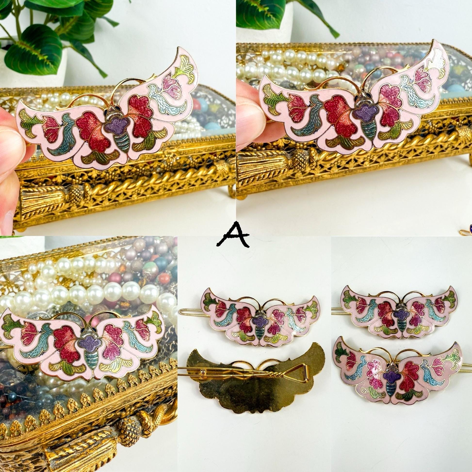 Vintage Cloisonné Enamel Butterfly Hair Barrettes – Set of 2 Vintage 1980s Cloisonné Floral Hair Barrette | White Enamel  main image 3