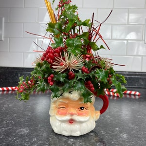 Vintage Winking Santa Clause Planter Mug, Inarco Japan E-182, Ceramic Hand Painted Christmas Mug, Santa Face Shot Christmas Planter Vase