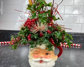 Vintage Winking Santa Clause Planter Mug, Inarco Japan E-182, Ceramic Hand Painted Christmas Mug, Santa Face Shot Christmas Planter Vase