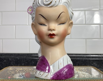 Vintage Japan Lady Head Vase, 6&quot; Glamour Girl Style, White Hair Gold Accents, Asian Geisha Style Head Vase, Purple & White Planter Head Vase