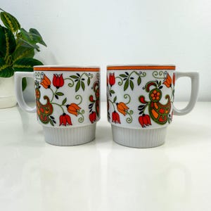 Vintage Retro Colorful Floral Groovy Stackable Mugs, Made in Japan, Collectible Mugs, 70s Floral Decor, Old vintage Retro coffee tea mugs