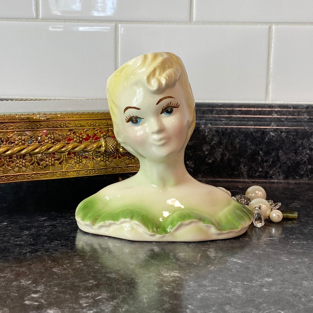 Vintage Lady Head Vase Blonde Lady W/green Dress Southern Etsy