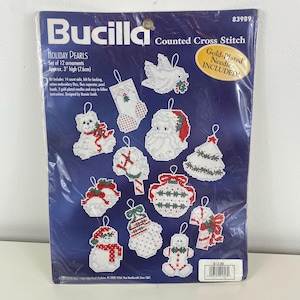 Vintage Bucilla Christmas Ornament Set &quot;Holiday Pearls&quot; Set of 12 Ornaments, Counted Cross Stitch, Christmas Tree Ornament Kit
