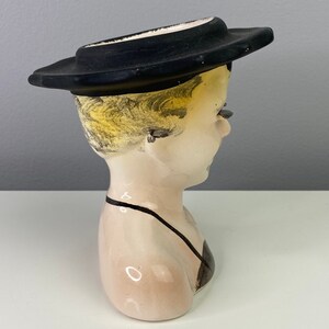 Vintage Lady Head Vase Granja Azul Peruvian Woman Blue Farm head Vase Lady head Planter Black Dress Blonde hair Black Hat Eyelashes image 6