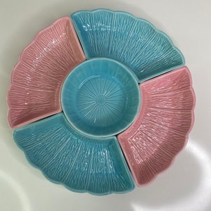 MCM Pink & Blue Art Pottery 5 Piece Chip and Dip Set Made in the USA Divided Crescent Serving Dish Veggie Tray Tidbit Snack Dish Vintage image 2