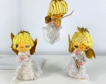 Vintage Christmas Angel Ornaments, Japan, Yellow Yarn Hair, Set of 3