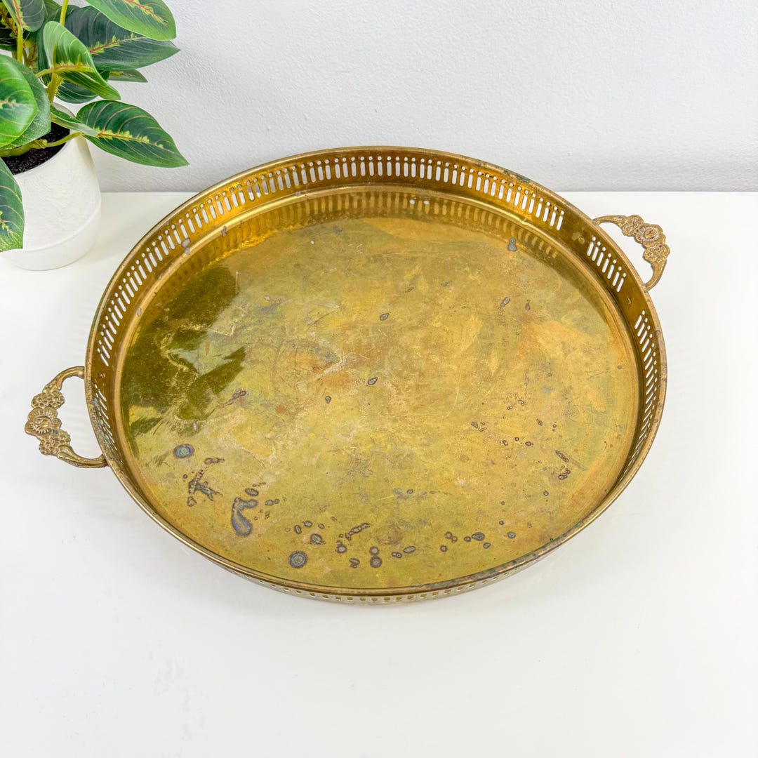 Vintage Solid Brass Serving Tray: Floral Handles, Reticulated