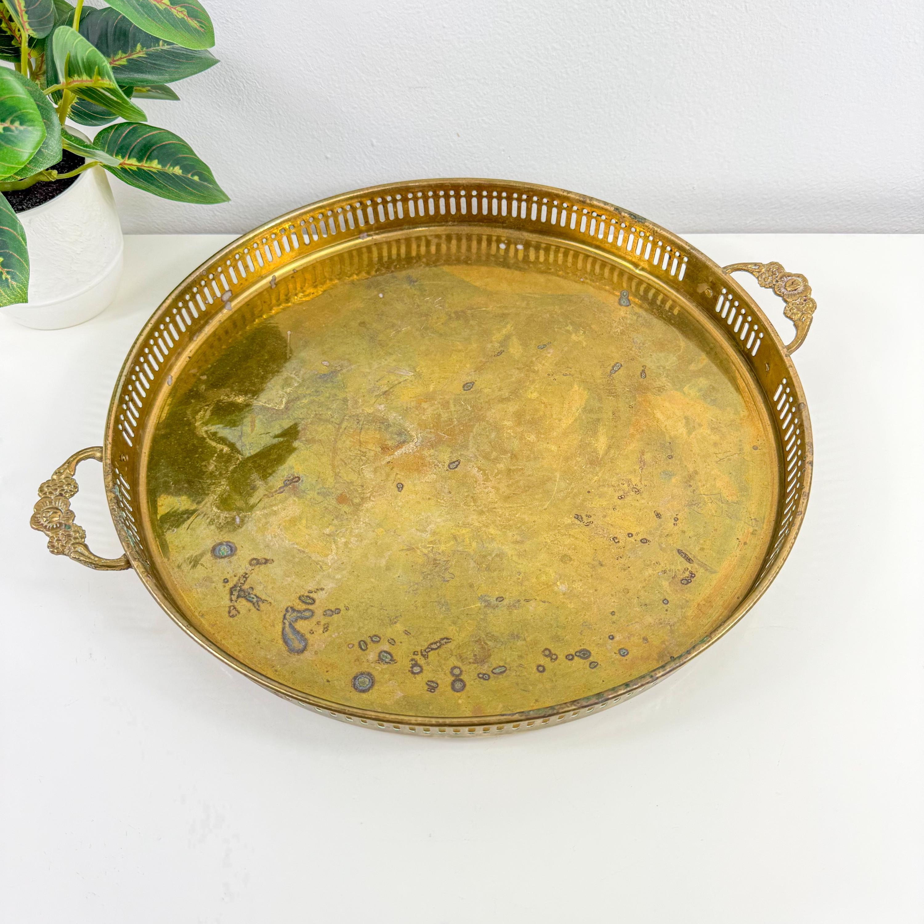 Vintage Solid Brass Serving Tray: Floral Handles, Reticulated
