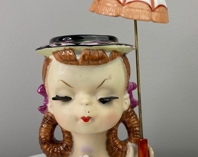 Vintage Lady Girl Head Vase W/umbrella or Parasol Sweet & Etsy
