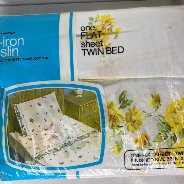 Vintage JCPenney Fashion Manor Twin Flat Sheet | No Iron Muslin | Yellow Floral New In Package