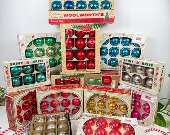 Vintage Shiny Brite Weihnachtsschmuck: Merkurglas, gemischte Sets von 12 Stück