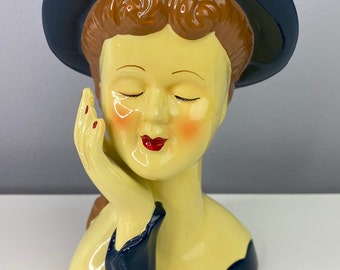 Vintage Lady Head Vase Reproduction | Hand Raised to Face Black Ruffle Dress Brown Hair | Navy Blue hat Red Lips | Reproduction Planter Vase