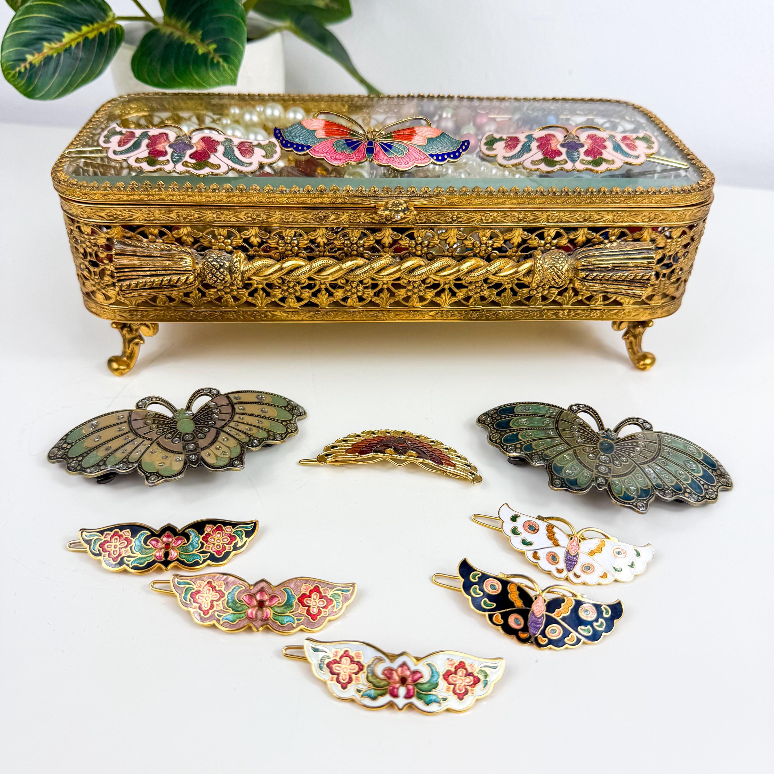 Vintage Cloisonne Hair Barrette: Enamel Butterfly & Floral  display picture 2