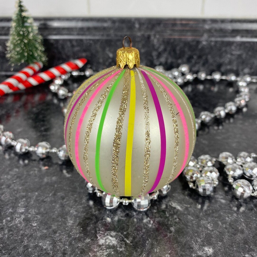 Vintage West German Glass Christmas Tree Ornaments, Multi Color Striped
