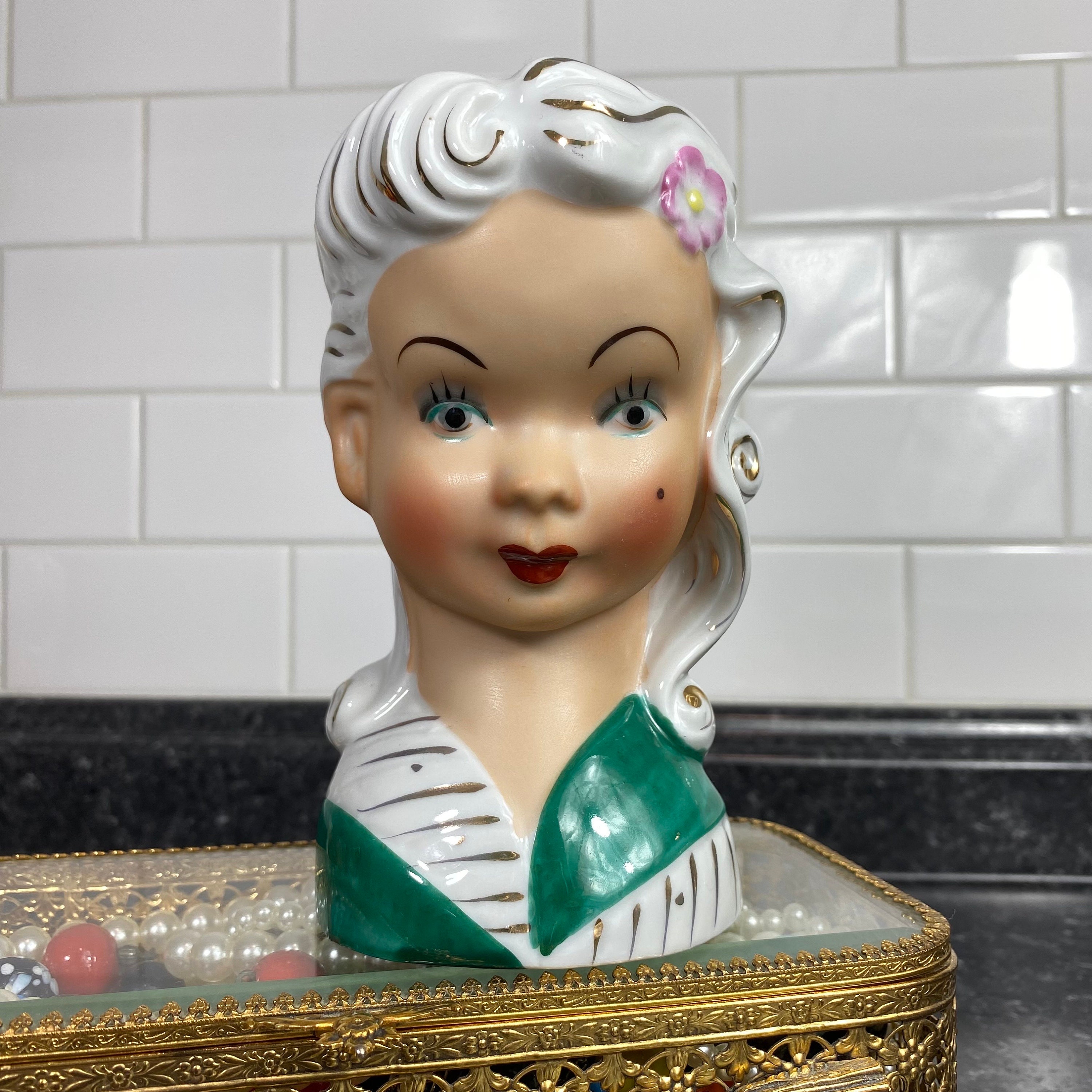 Vintage Japan Lady Head Vase, 6" Glamour Girl Style, White Hair Gold Accents, Asian Geisha Style Head Vase, Green & White Planter Head Vase