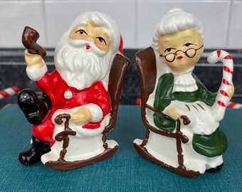 Vintage Santa & Mrs Claus Salt and Pepper Shakers, Rocking Chair Santas, Santa Pipe, Mrs. Claus Candy Cane, Kitschy Christmas Holiday Decor