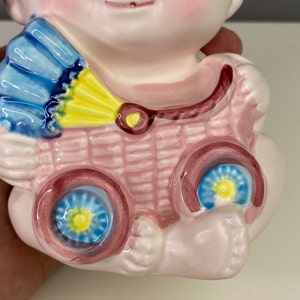 Vintage Child Pink Baby Planter Vase Head Vase Planter Baby Holding Train Pink & Blue Baby Blonde Hair Long Eyelashes image 7