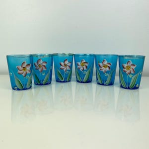 Zestaw do picia Northwood w kolorze niebieskim, 6 elementów, malowane szkło artystyczne z motywem kwiatowym, zestaw do soku z lemoniady i sangrii, antyczne szklanki z lat 20. XX wieku, złote obramowanie