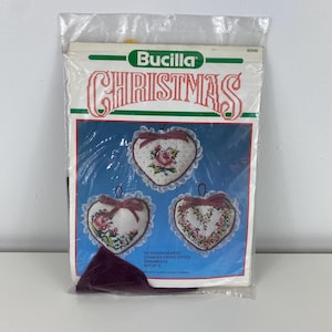 Vintage Bucilla Christmas Ornament Set &quot;Victorian Hearts&quot; Set of 3, Counted Cross Stitch, Christmas Tree Ornament Kit, Country Kitchen