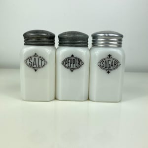 Hazel Atlas Black Shield Milk Glass Shakers: 1930s Salt, Pepper, Sugar