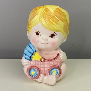 Vintage Child Pink Baby Planter Vase Head Vase Planter Baby Holding Train Pink & Blue Baby Blonde Hair Long Eyelashes image 1