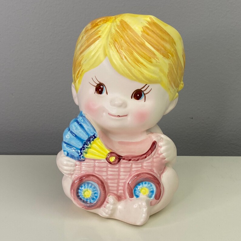 Vintage Child Pink Baby Planter Vase Head Vase Planter Baby Holding Train Pink & Blue Baby Blonde Hair Long Eyelashes image 1