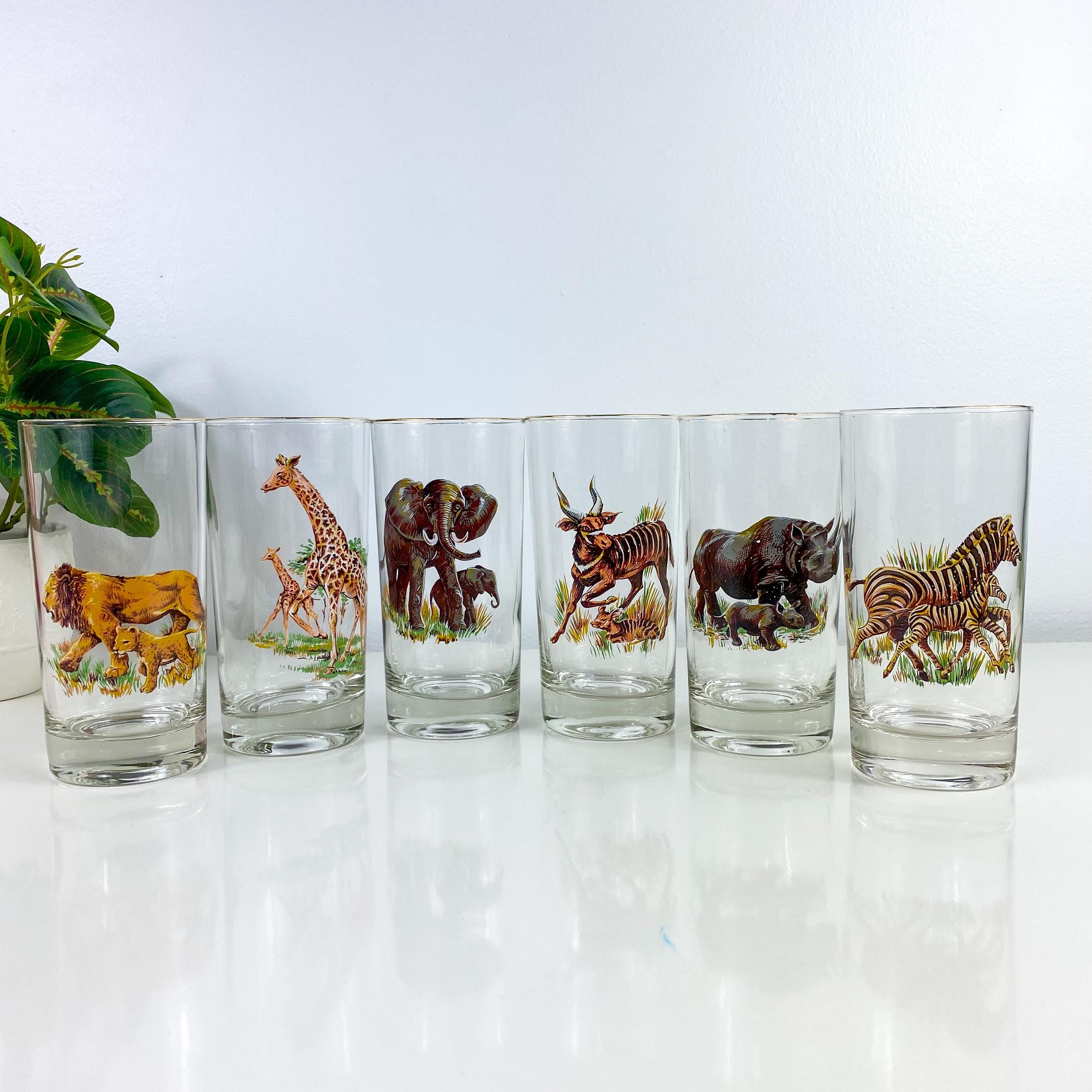 Vintage Pasari African Animal Glasses: Gold Rim MCM Barware, Set