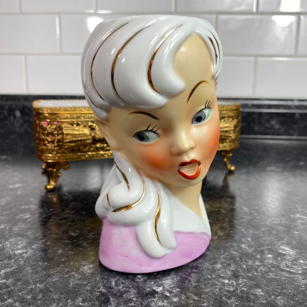 Vintage Lady Head Vase, Napco Surprised Girl Open Mouth Red Lips, Darling Pink Dress, White Hair w/Gold Accents, 1960s head vase planter