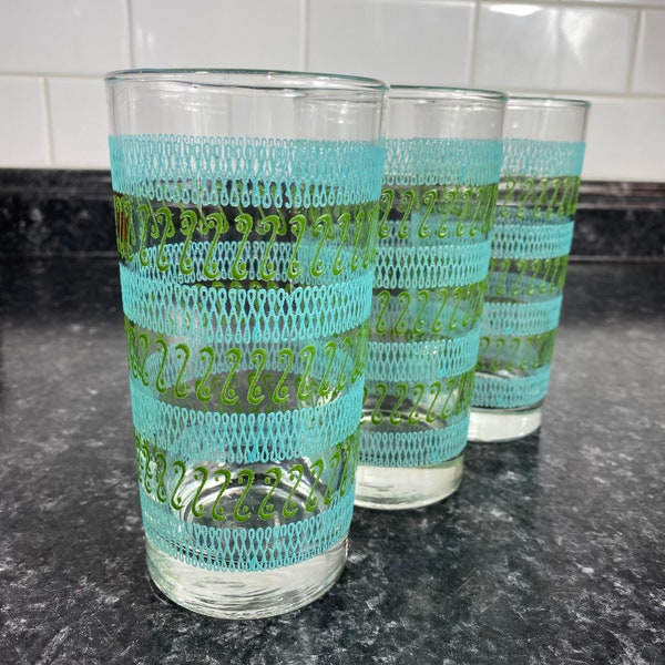 Vintage MCM Libbey "Phoenician" Pattern Glass Tumblers, Set of 3, Turquoise & Green Swirl Cocktail glasses, Texture Pattern 12oz Glasses