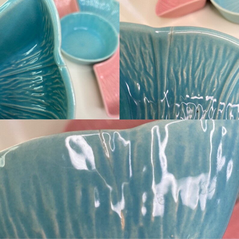 MCM Pink & Blue Art Pottery 5 Piece Chip and Dip Set Made in the USA Divided Crescent Serving Dish Veggie Tray Tidbit Snack Dish Vintage image 9