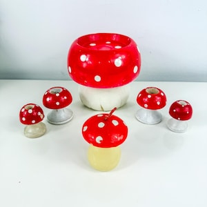 Vintage Mixed set of Toadstool Mushroom Decor, Candle Holders & Candle, Mixed Media Wood, Resign, Wax, Mushroom Lover Red White Top Mushroom