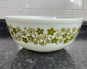 Vintage Pyrex Spring Blossom Green Mixing Bowl #404, 4 Quart Replacement Bowl, 1970s Crazy Daisy Glass Bowl, Retro Green Bowl white flowers