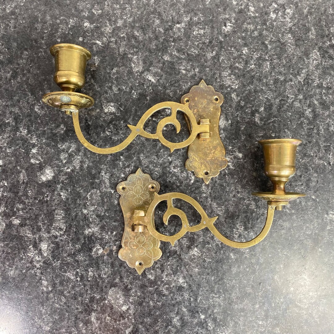 Pair Vintage Brass Piano Candelabra, Set Piano Candle Holders, Brass Candle Wall Sconce, Etched