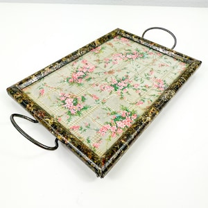 Vintage Mini Rectangular Serving Tray with handles, floral etched metal gold fleck Vanity Tray, Dresser Tray, Coffee Table Decor, Adorable