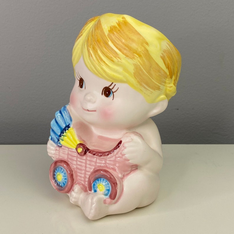 Vintage Child Pink Baby Planter Vase Head Vase Planter Baby Holding Train Pink & Blue Baby Blonde Hair Long Eyelashes image 3