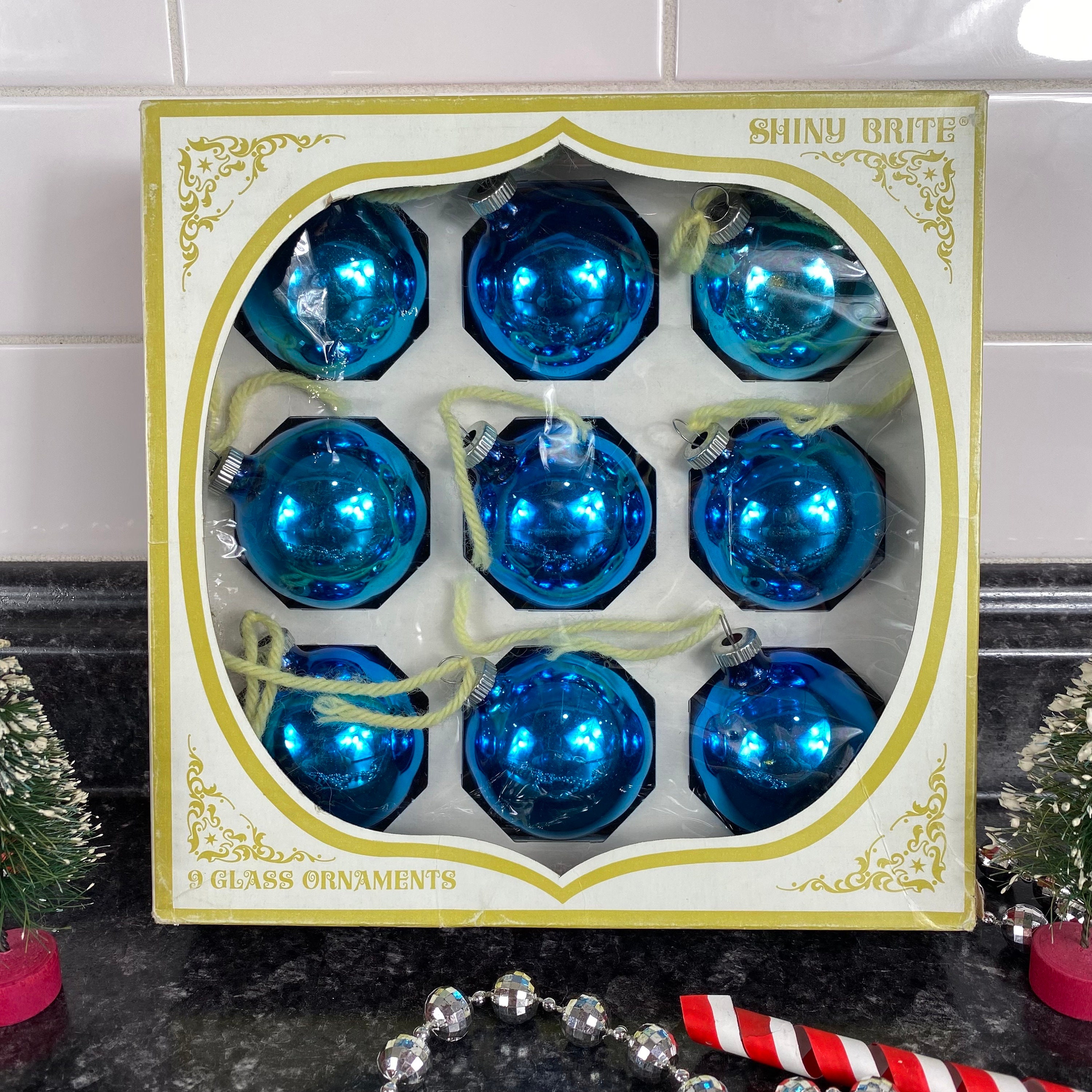 Vintage Shiny Brite Box Set of 9 Shiny Blue Glass Christmas