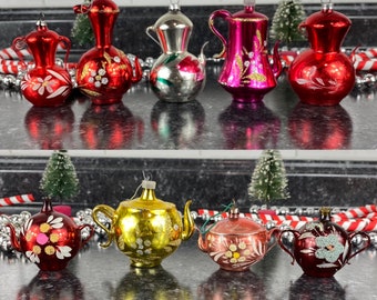 Vintage Hand Blown Glass Painted Christmas Ornaments, Sold Individually: Teapot, Urn, Coffee Pot Styles, West German Red, Silver, Gold, Pink